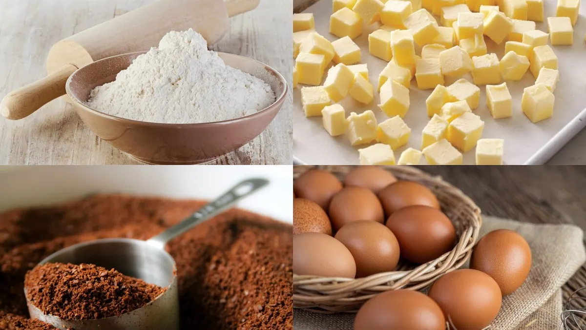 Nguyên liệu làm bánh quy hạt cà phê gồm bột mì, bơ lạt, bột cà phê và cacao